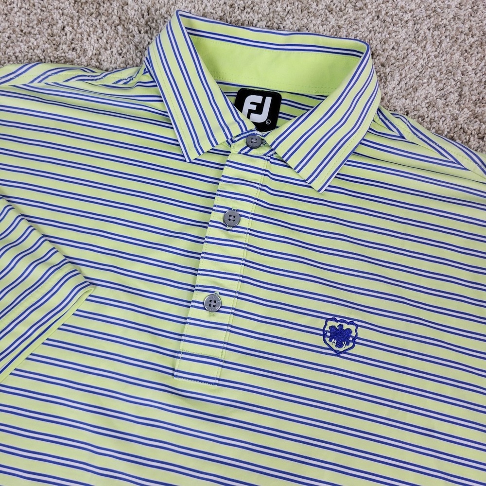 FootJoy Mens Large Green Blue Striped Performance Stretch Golf Polo Short Sleeve